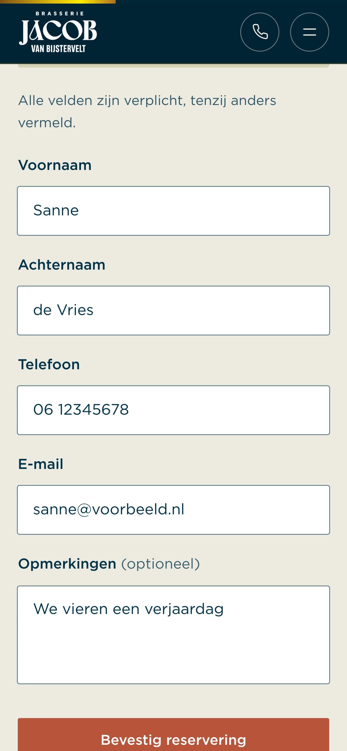 Stap 4: naam, telefoon, e-mail en opmerkingen invullen