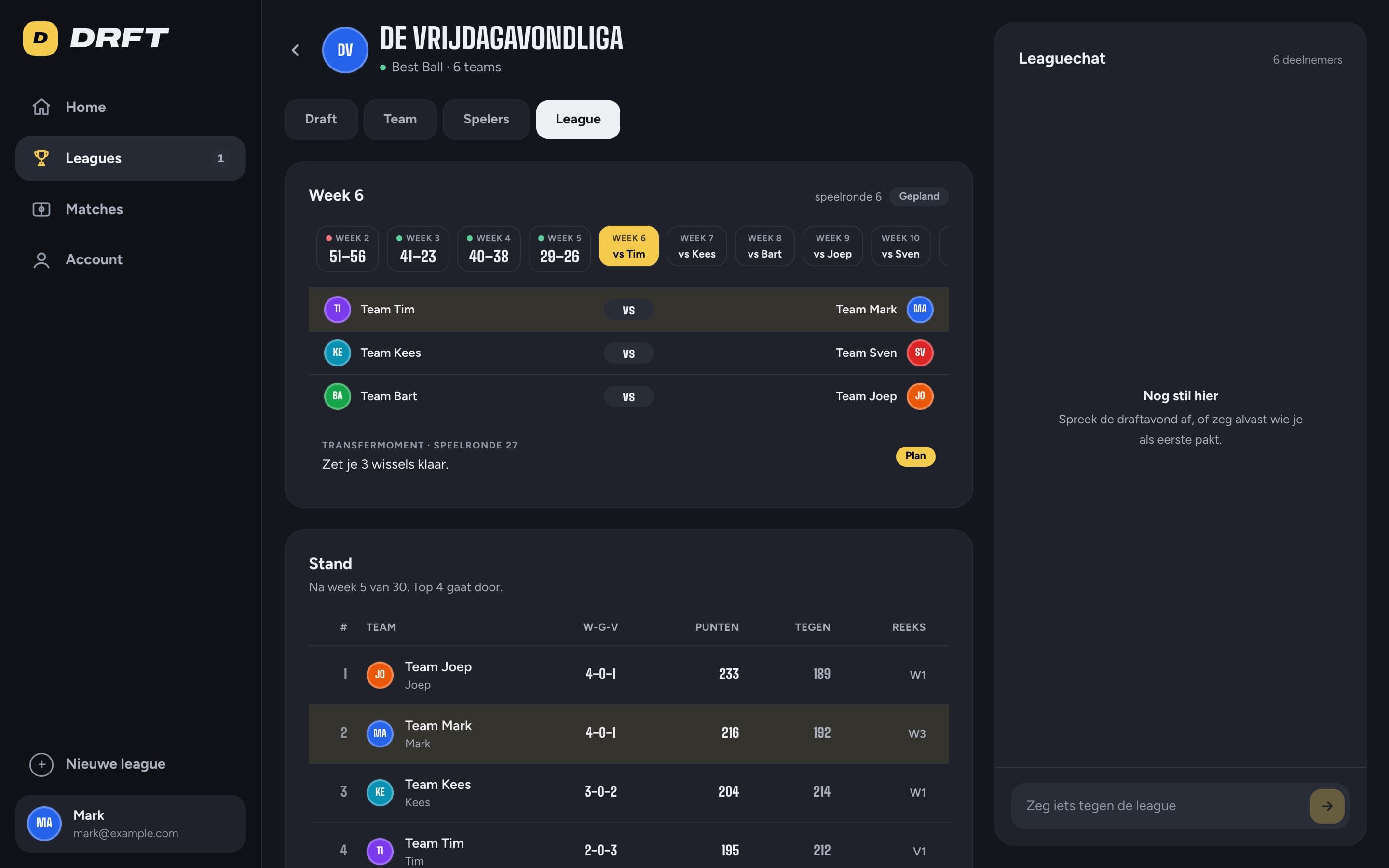 Leaguepagina met weekschema, matchups en de stand